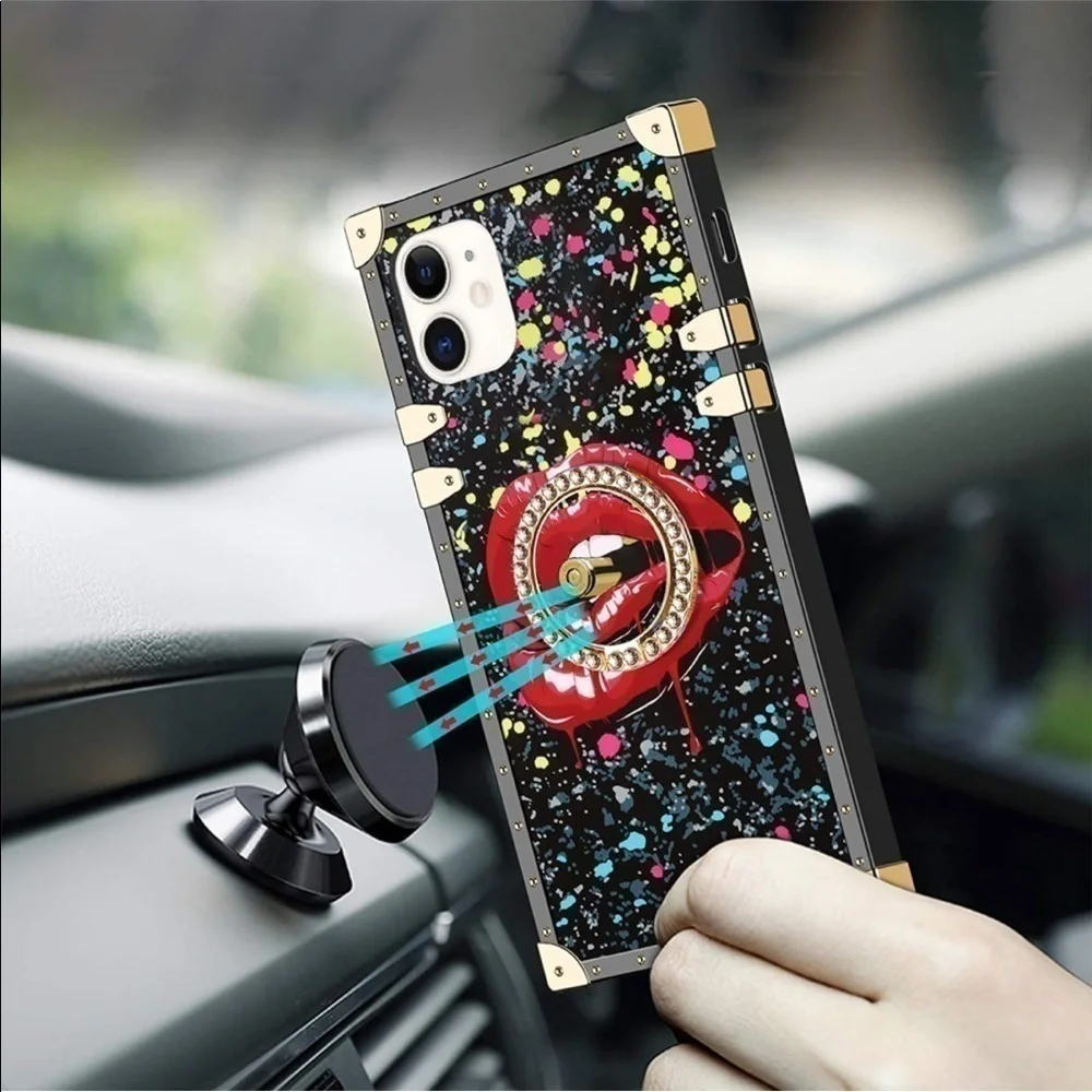 iPhone 11 Ultra Red Lips Kickstand Ring Holder Square Rivet Crystal Silicon Case